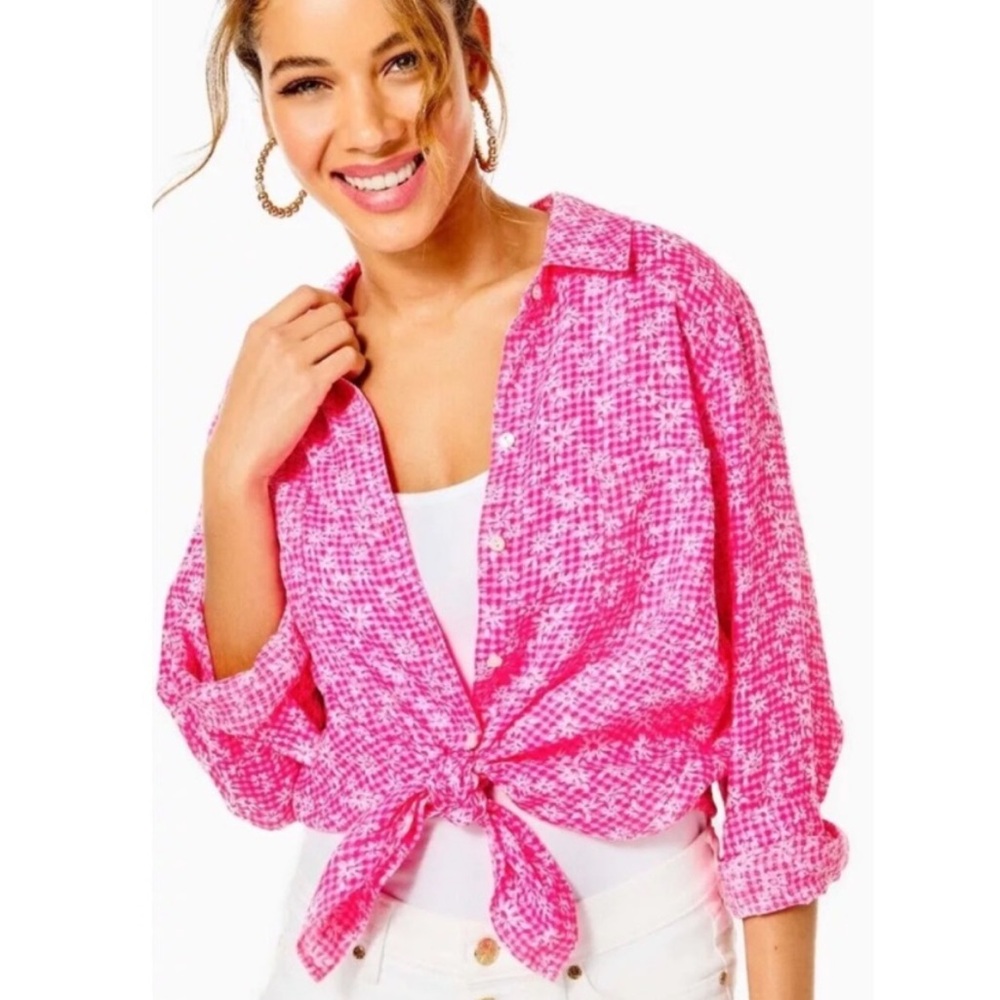 Lilly pulitzer sea view pink floral linen button down shirt